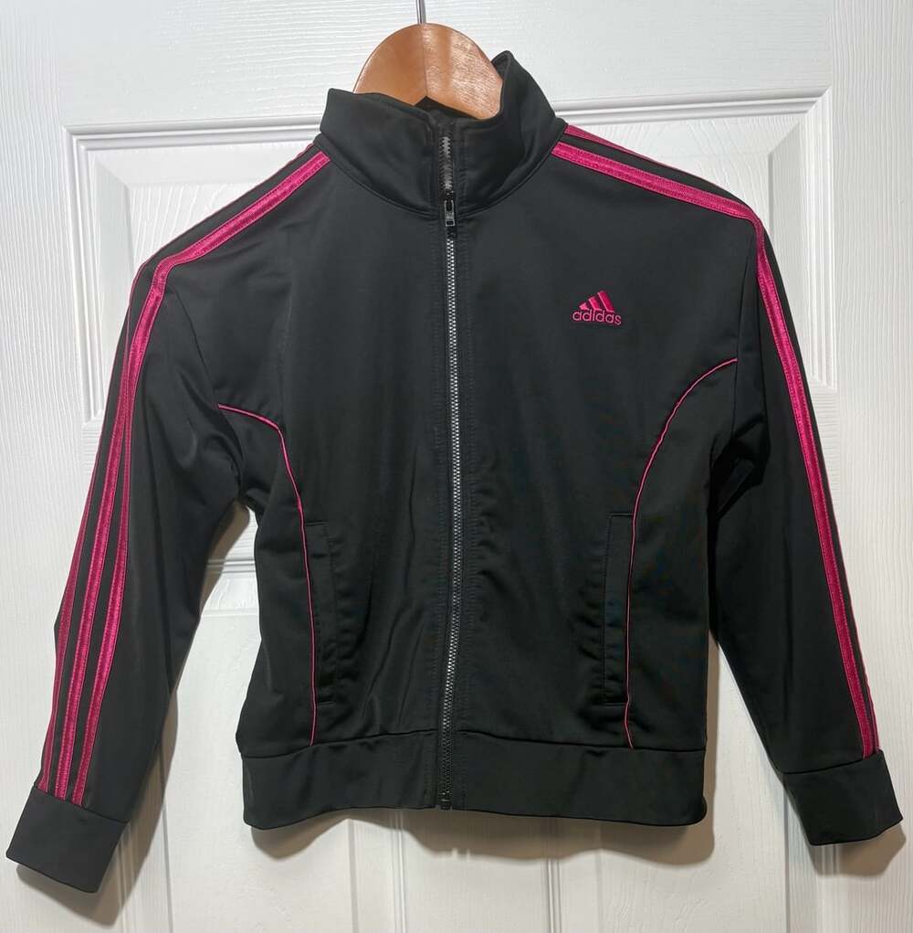 Adidas Track Jacket Size 7/8 Black Pink Full Zip Kids Size Small plus